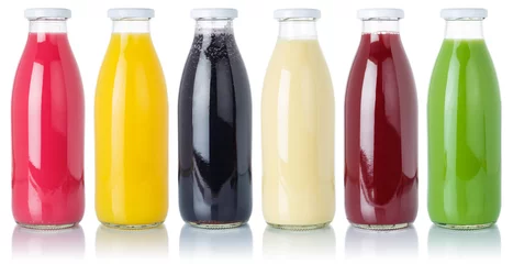 Foto op Plexiglas Group of fruit smoothies fruits orange juice drink in a bottle isolated on white © Markus Mainka