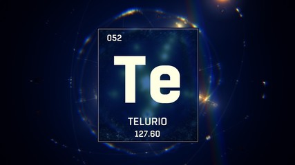3D illustration of Tellurium as Element 52 of the Periodic Table. Blue illuminated atom design background with orbiting electrons. Name, atomic weight, element number in Spanish language