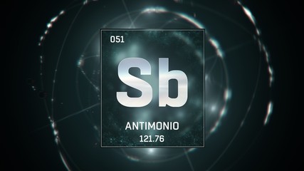 3D illustration of Antimony as Element 51 of the Periodic Table. Green illuminated atom design background with orbiting electrons. Name, atomic weight, element number in Spanish language