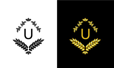 Design of magnificent ancient monogram. Decorative ornament on dark and light background with letter U. Gold and black pattern of brand, business sign, restaurant, boutique, hotel, emblem, jewelry.