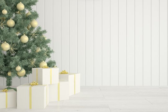 Empty christmas interior of living room with new year tree and presents. Scandinavian design. 3D illustration