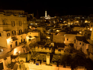 Italy, april 2019: Sassi is an ancient district of Matera by night, landscape by night, night lights