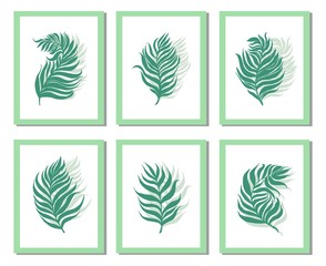 Fototapeta na wymiar Set of neo mint frames with prints green palm leaves dypsis on white background. Beautiful and stylish composition. Abstract leaves posters, printed greeting cards, t-shirt design.