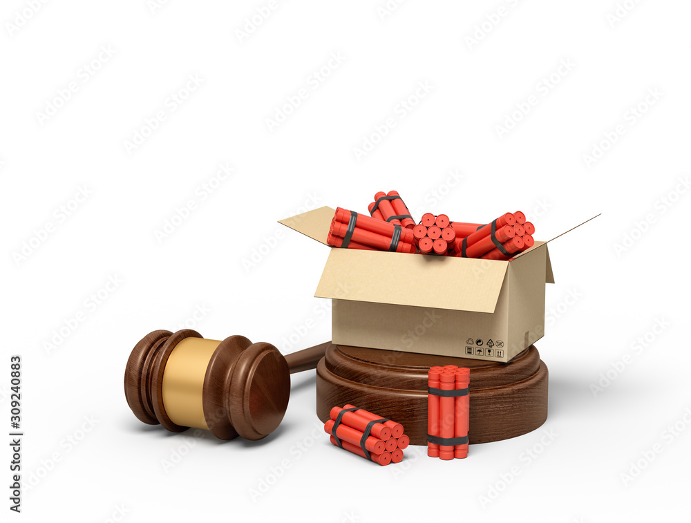Aufkleber 3d rendering of cardboard box full of dynamite standing on sounding block with judge gavel lying bes