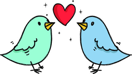 cute love birds cartoon hand drawn crayon illustration blue birds with a red heart in the middle