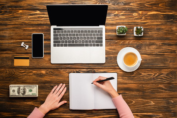 Naklejka premium cropped view of businesswoman writing in notebook near laptop, smartphone, coffee cup, credit card and dollar banknotes on wooden desk