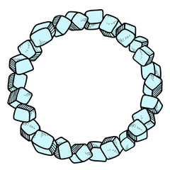 Frosty vector round wreath. Ice cubes create a ring shaped frame. Doodle elements, cartoon style, suitable for design and decoration.