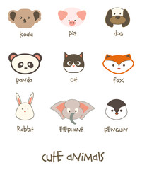 Cute Animal Heads, Koala, Panda, Dog, Pig, Cat, Fox, Rabbit, Elephant and Penguin