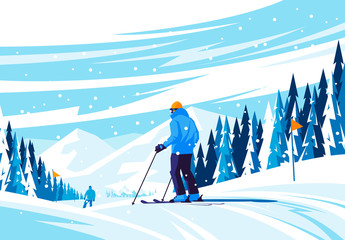 Vector illustration of mountain snow slope, skier on top of mountain, snowboarder riding on mountain, winter sport