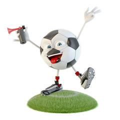 happy soccer ball character with supporter horn over white background