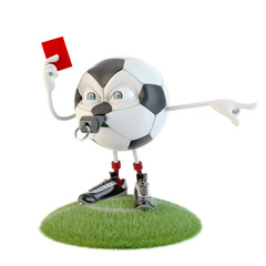 soccer ball character with red card over white background