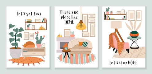 Set of cozy cards with interiors and decorations vector illustration. Collection consists of templates with comfortable houses and lettering lets get cozy, theres no place like home, lets stay home - obrazy, fototapety, plakaty