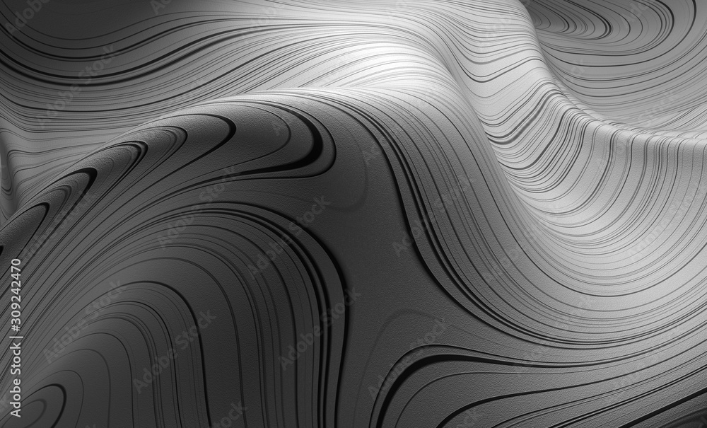 Poster 3d render of deformed surface with detailed texture on it. monochrome gamma.