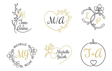 Wedding invitation labels with floral elements vector illustration. Festive emblems with names of bride and groom with blossom decorations. Isolated on white background