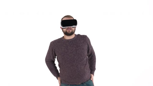 Close-up demonstration of a young bearded man dancing Macarena dance in VR glasses. 3D rendering animation. Hi tech concept