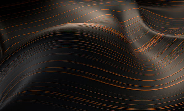3d render of deformed surface with detailed texture on it. Orange lines on dark color. © Alexey Brin