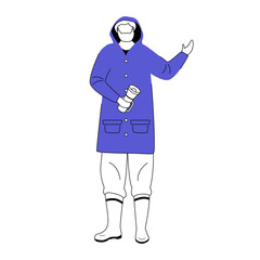 Lighthouse keeper flat vector illustration. Maritime occupation. Seafarer in raincoat with lantern isolated cartoon character with outline elements on white background