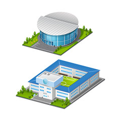 Vector flat volume icons of building and arena sports competition football stadium