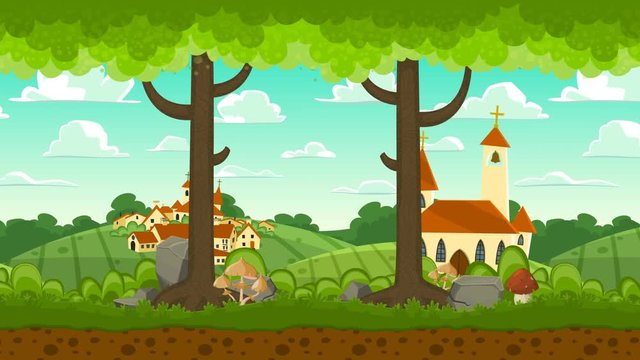 Looped spring village landscape, vector cartoon motion grapic background	
