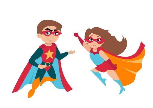 Superhero boy and girl in cute costumes and masks vector illustration. Template with funny children characters isolated on white background. Childhood concept