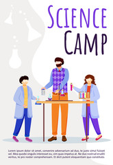 Science camp poster vector template. Children and chemistry experiments. Brochure, cover, booklet page concept design with flat illustrations. Advertising flyer, leaflet, banner layout idea