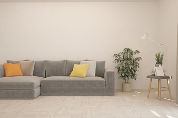 Stylish room in white color with sofa. Scandinavian interior design. 3D illustration