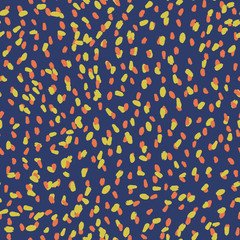 Vector abstract geometric seamless pattern with small spots and dots. Colorful particles on dark background, great for fabric, wallpaper and wrapping paper.