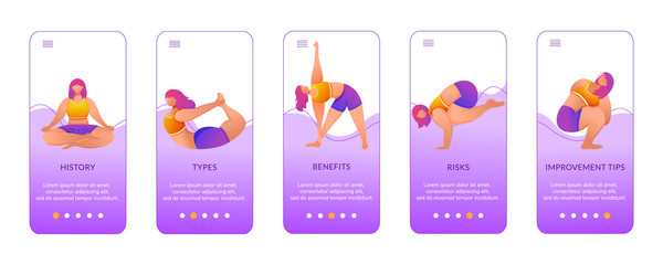 Yoga benefits onboarding mobile app screen vector template. Exercises and poses. Bodypositive female. Walkthrough website steps with flat characters. UX, UI, GUI smartphone cartoon interface concept