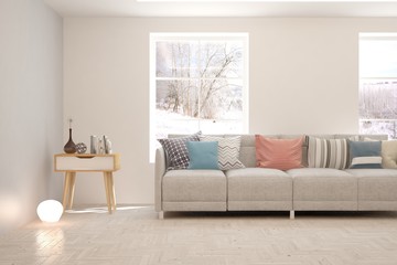 Stylish room in white color with sofa and winter landscape in window. Scandinavian interior design. 3D illustration