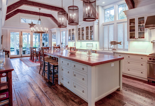 Beautiful Luxury Kitchen And Dining Room With View Windows.