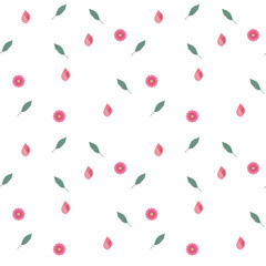 Seamless vector light pattern of small simple pink flowers, leaves and buds on a white background.