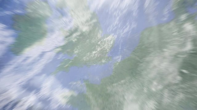 Zooming in from orbit earth down to London, UK and back up