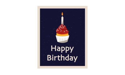 Happy Birthday postcard vector illustration. Hand drawn flat cupcake with cream and candle on top on lilac background. Holiday, birthday, pastry, baking, celebration concepts.