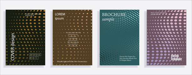 Minimalistic cover design templates. Set of layouts for covers of books, albums, notebooks, reports, magazines. Line halftone gradient effect, flat modern abstract design. Geometric mock-up texture