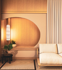 Circle shelf wall on  Living room japanese deisgn with tatami mat floor. 3D rendering