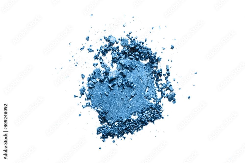 Wall mural broken eyeshadow, classic blue 2020 year color trend. shimmer makeup powder swatch isolated on white