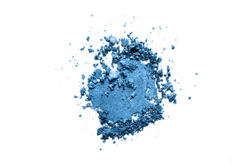 Fototapeta na wymiar Broken eyeshadow, classic blue 2020 year color trend. Shimmer makeup powder swatch isolated on white background