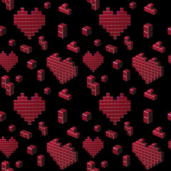 Seamless geometric background of glossy pixel hearts and cubes from red latex. Abstract 3D illustration with illusion of volume on black background.