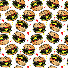 Vector illustration of burger pattern with tomato, cheese and meat