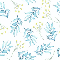 Fototapeta na wymiar Floral watercolor seamless pattern on white background with branches and flowers for design and decor.