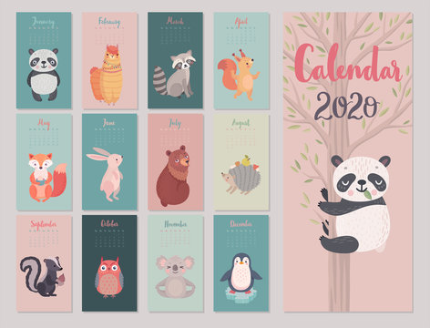 Calendar 2020 with Animals . Cute forest characters.