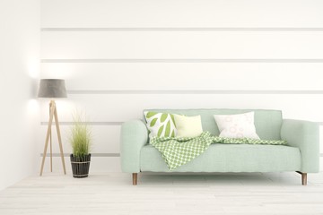 Stylish room in white color with sofa. Scandinavian interior design. 3D illustration