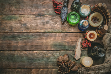Magic potion on the wizard flat lay table background with copy space. Witchcraft, witch doctor...
