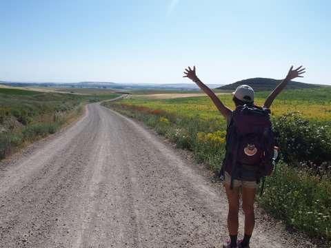 Pilgrim with raised arms on the road to Santiago de Compostela, Camino de Santiago, Way of St. James,  Journey from Castrojeriz to Poblacion de Campos, French way, Spain