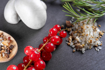 Verschiedene Zutaten und Kräuter wie Rosmarin und Champignons auf einer Schiefertafel
