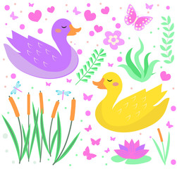 Obraz na płótnie Canvas Cute duck set objects. Collection design elements with reeds, water lily, flowers, plants. Kids baby clip art funny smiling animal. Vector illustration