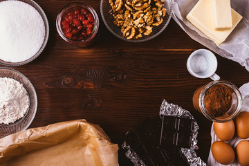 Overhead view of ingredients for homemade baking chocolate brownie