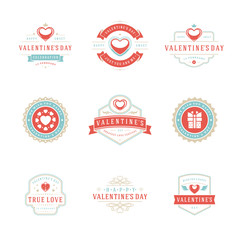 Happy valentines day greetings cards and badges vintage typography design with decoration symbols