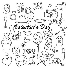 Set of elements for Valentine's Day. Black and white vector illustration. Doodle style objects