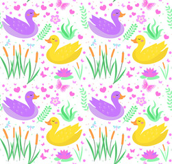 Cute duck seamless pattern with reeds, water lily, flowers, plants. Kids baby smiling animal endless texture. Vector illustration